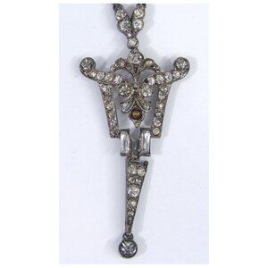 VTG 1920s Art Deco Sterling Silver Rhinestone Lavaliere Necklace Ornate Geo Drop